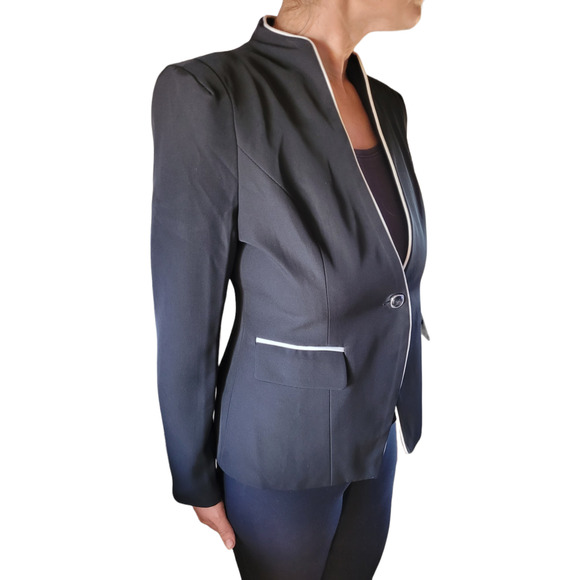 NWT Mfrannie Black White Trim Blazer Women Medium Tailored One Button Career NWT - Picture 2 of 10